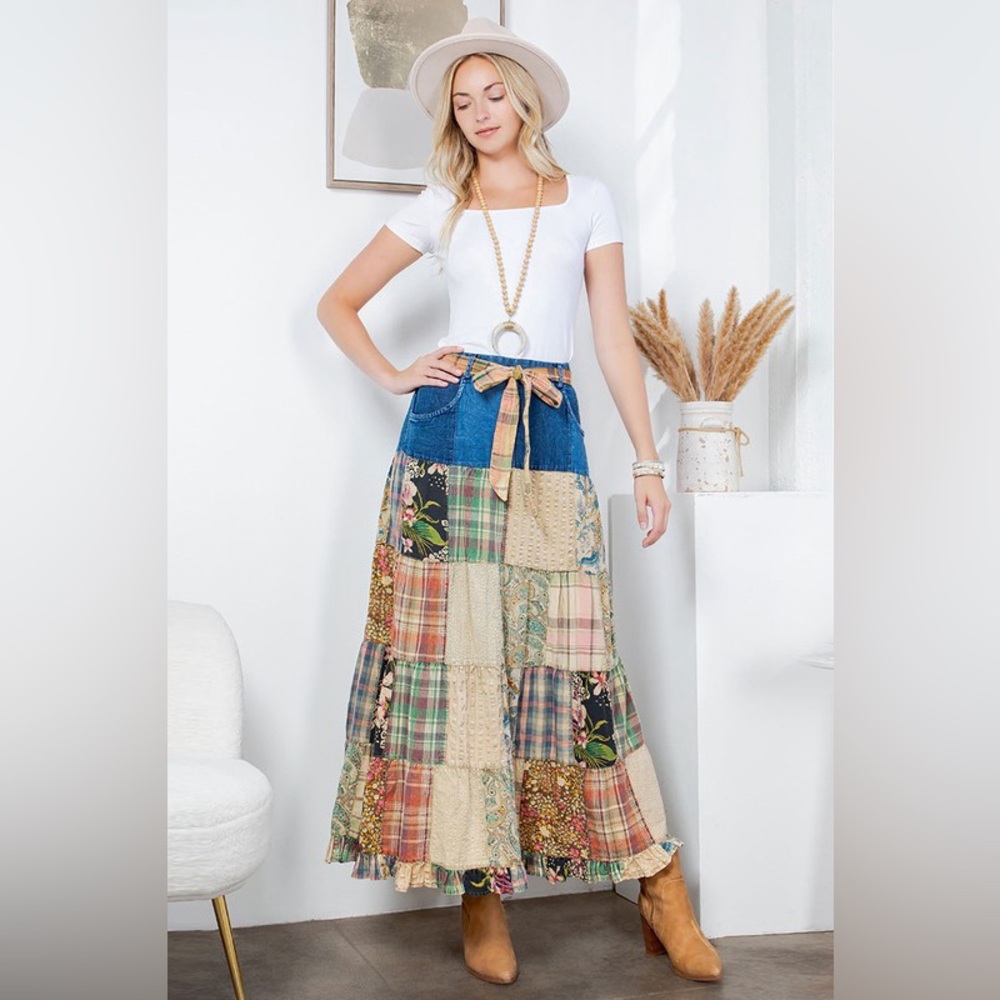 Boho Patchwork Maxi Skirt - Beige Multicolor - Picture 5 of 5